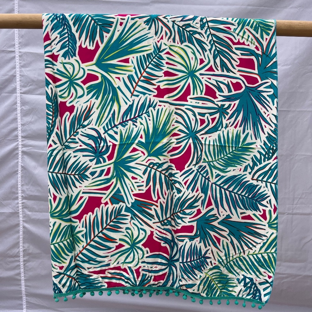 Sarong/Coverup/Canga - Palms Green Aquamarine w/Green Poms